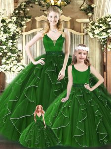 Traditional Green Zipper V-neck Beading and Ruffles Sweet 16 Quinceanera Dress Organza Sleeveless