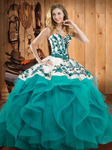 Teal Satin and Organza Lace Up Ball Gown Prom Dress Sleeveless Floor Length Embroidery and Ruffles