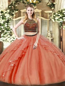 Rust Red Organza Zipper Quinceanera Gowns Sleeveless Floor Length Beading and Ruffles