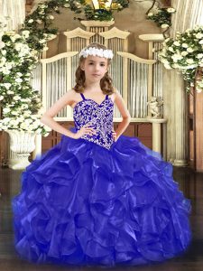 Blue Ball Gowns Beading and Ruffles Kids Pageant Dress Lace Up Organza Sleeveless Floor Length