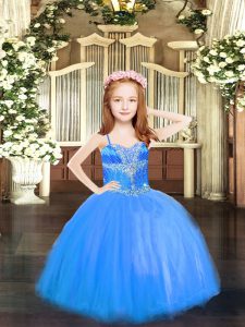 Blue Sleeveless Tulle Lace Up Little Girl Pageant Dress for Party and Quinceanera