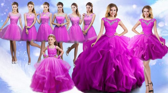 Latest Fuchsia Scoop Lace Up Beading and Ruffles Vestidos de Quinceanera Sleeveless