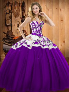 Romantic Ball Gowns Ball Gown Prom Dress Eggplant Purple Sweetheart Satin and Tulle Sleeveless Floor Length Lace Up