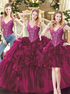 Fantastic Fuchsia Ball Gown Prom Dress Military Ball and Sweet 16 and Quinceanera with Beading and Ruffles V-neck Sleeveless Lace Up