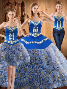 Sleeveless Satin and Fabric With Rolling Flowers With Train Sweep Train Lace Up Vestidos de Quinceanera in Multi-color with Embroidery