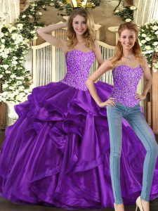 Eggplant Purple Ball Gowns Beading and Ruffles Quinceanera Gowns Lace Up Tulle Sleeveless Floor Length