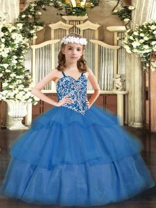 New Style Baby Blue Sleeveless Floor Length Beading and Ruffled Layers Lace Up Kids Pageant Dress