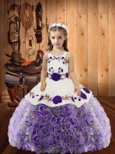 Eye-catching Sleeveless Floor Length Embroidery and Ruffles Lace Up Little Girl Pageant Dress with Multi-color