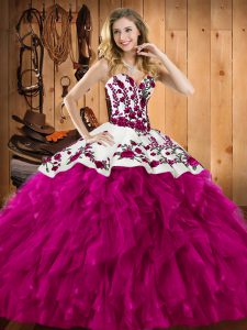 Fuchsia Sleeveless Floor Length Embroidery and Ruffles Lace Up Vestidos de Quinceanera