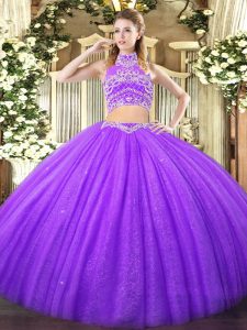 Lavender Ball Gowns High-neck Sleeveless Tulle Floor Length Backless Beading Vestidos de Quinceanera