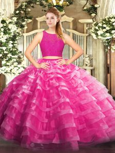 Shining Scoop Sleeveless Zipper Ball Gown Prom Dress Fuchsia Organza