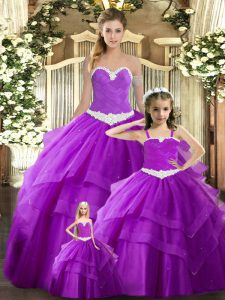 Sweet Purple Ball Gowns Tulle Sweetheart Sleeveless Ruching Floor Length Lace Up Sweet 16 Dress