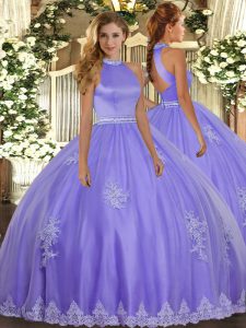 Pretty Lavender Ball Gowns Halter Top Sleeveless Tulle Floor Length Backless Beading and Appliques 15th Birthday Dress