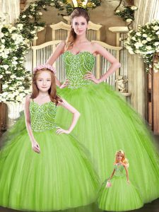 Dramatic Apple Green Tulle Lace Up Vestidos de Quinceanera Sleeveless Floor Length Beading and Embroidery