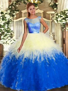 Sleeveless Tulle Floor Length Backless Quince Ball Gowns in Multi-color with Beading and Ruffles