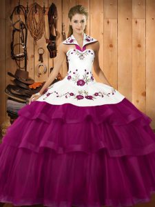 Deluxe Fuchsia Quinceanera Dresses Military Ball and Sweet 16 and Quinceanera with Embroidery and Ruffled Layers Halter Top Sleeveless Sweep Train Lace Up