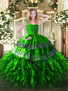 Elegant Green Zipper Straps Beading and Lace and Ruffles Sweet 16 Dresses Organza Sleeveless