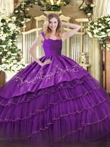 Discount Eggplant Purple Quinceanera Gown Military Ball and Sweet 16 and Quinceanera with Embroidery and Ruffled Layers Straps Sleeveless Zipper