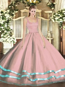 Modest Straps Sleeveless Vestidos de Quinceanera Floor Length Ruffled Layers Pink Tulle