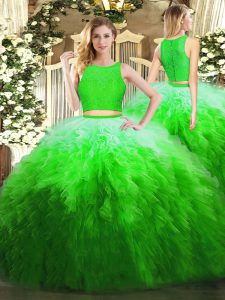 Green Quinceanera Dress Military Ball and Sweet 16 and Quinceanera with Lace and Ruffles Scoop Sleeveless Zipper