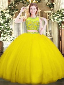 High Quality Yellow Green Scoop Neckline Beading Quinceanera Dresses Sleeveless Zipper