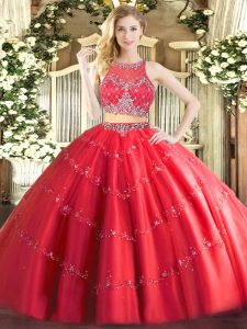 Floor Length Red Sweet 16 Quinceanera Dress Tulle Sleeveless Beading