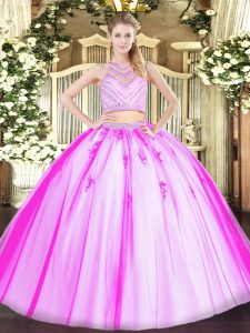 Pretty Rose Pink Zipper Scoop Beading Quinceanera Dresses Tulle Sleeveless