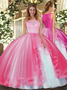 Hot Pink Scoop Neckline Lace and Ruffles 15 Quinceanera Dress Sleeveless Clasp Handle