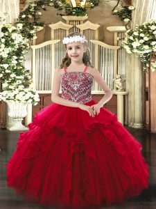 Floor Length Lace Up Pageant Dress Womens Wine Red for Party and Quinceanera with Beading and Ruffles