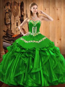 Organza Lace Up Quince Ball Gowns Sleeveless Floor Length Embroidery and Ruffles