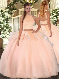 Sumptuous Peach Halter Top Neckline Beading Quinceanera Gown Sleeveless Backless