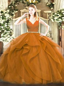 Brown Ball Gowns Beading and Ruffles Sweet 16 Quinceanera Dress Zipper Tulle Sleeveless Floor Length