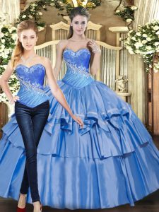 Sleeveless Tulle Floor Length Lace Up Vestidos de Quinceanera in Baby Blue with Beading and Ruffled Layers