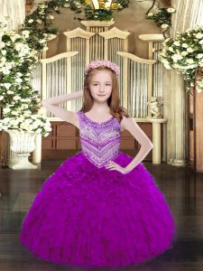 Fuchsia Little Girl Pageant Dress Party and Quinceanera with Beading and Ruffles Scoop Sleeveless Lace Up