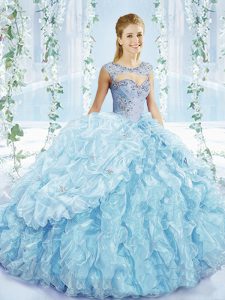 Blue Sleeveless Beading and Ruffles and Pick Ups Lace Up Quinceanera Dresses