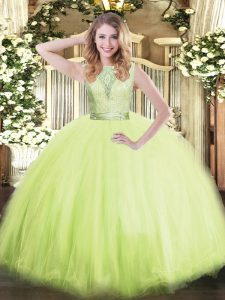 Yellow Green Sleeveless Lace Floor Length Quince Ball Gowns