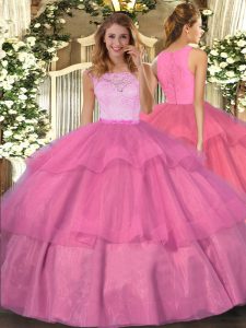 On Sale Organza Scoop Sleeveless Clasp Handle Lace and Ruffled Layers Sweet 16 Quinceanera Dress in Hot Pink