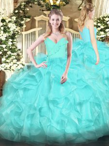 Low Price Aqua Blue Spaghetti Straps Neckline Ruffles Sweet 16 Quinceanera Dress Sleeveless Zipper