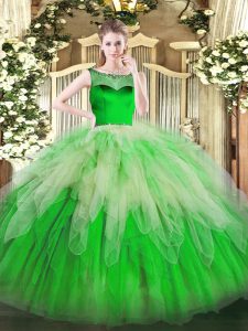 Traditional Sleeveless Floor Length Beading and Ruffles Zipper 15th Birthday Dress with Green