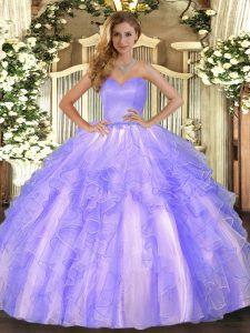 Inexpensive Lavender Organza Lace Up Quince Ball Gowns Sleeveless Floor Length Ruffles