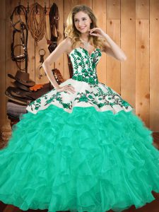 Sleeveless Floor Length Embroidery and Ruffles Lace Up 15th Birthday Dress with Turquoise