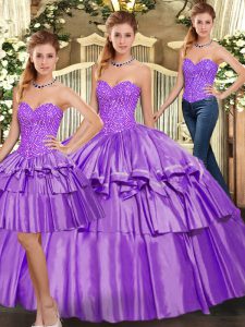 Glittering Eggplant Purple Three Pieces Sweetheart Sleeveless Organza Floor Length Lace Up Beading and Ruffled Layers 15 Quinceanera Dress