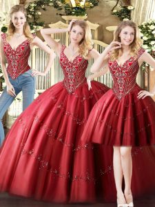 Beading Quinceanera Dresses Wine Red Lace Up Sleeveless Floor Length