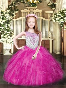 Fuchsia Ball Gowns Tulle Scoop Sleeveless Beading and Ruffles Floor Length Zipper Kids Pageant Dress