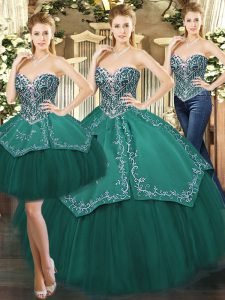 Tulle Sweetheart Sleeveless Lace Up Beading and Appliques Quinceanera Gown in Dark Green