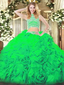 Captivating Green Sleeveless Floor Length Beading and Ruffles Backless Quinceanera Dresses