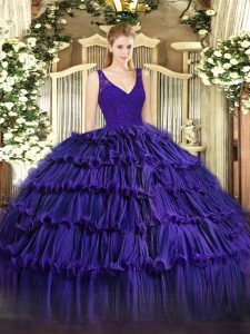 Purple Zipper Quinceanera Gowns Beading and Ruffled Layers Sleeveless Floor Length