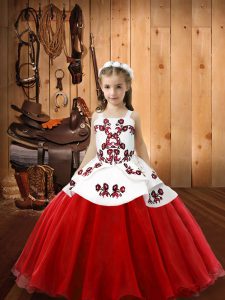 Organza Straps Sleeveless Lace Up Embroidery Glitz Pageant Dress in White And Red