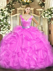 Modern Fuchsia Tulle Zipper Quinceanera Gowns Sleeveless Floor Length Beading and Ruffles