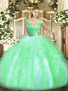 Modest Sleeveless Tulle Floor Length Zipper Sweet 16 Dress in Apple Green with Beading and Ruffles